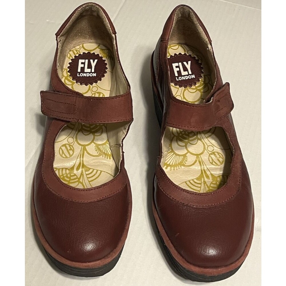 Fly London Yaz Burgundy Leather Mary Jane Wedge Shoe Platform Womens 39 US 8 8.5